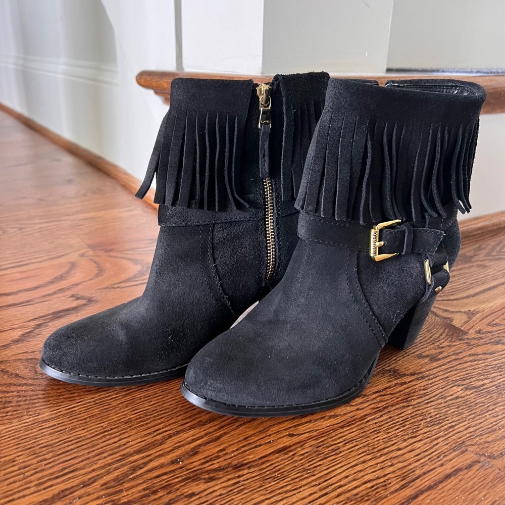 LRL Ralph Lauren Mara Black Suede Fringe Ankle Boots Gold Buckle 7.5B 11739 G14 - Picture 3 of 15